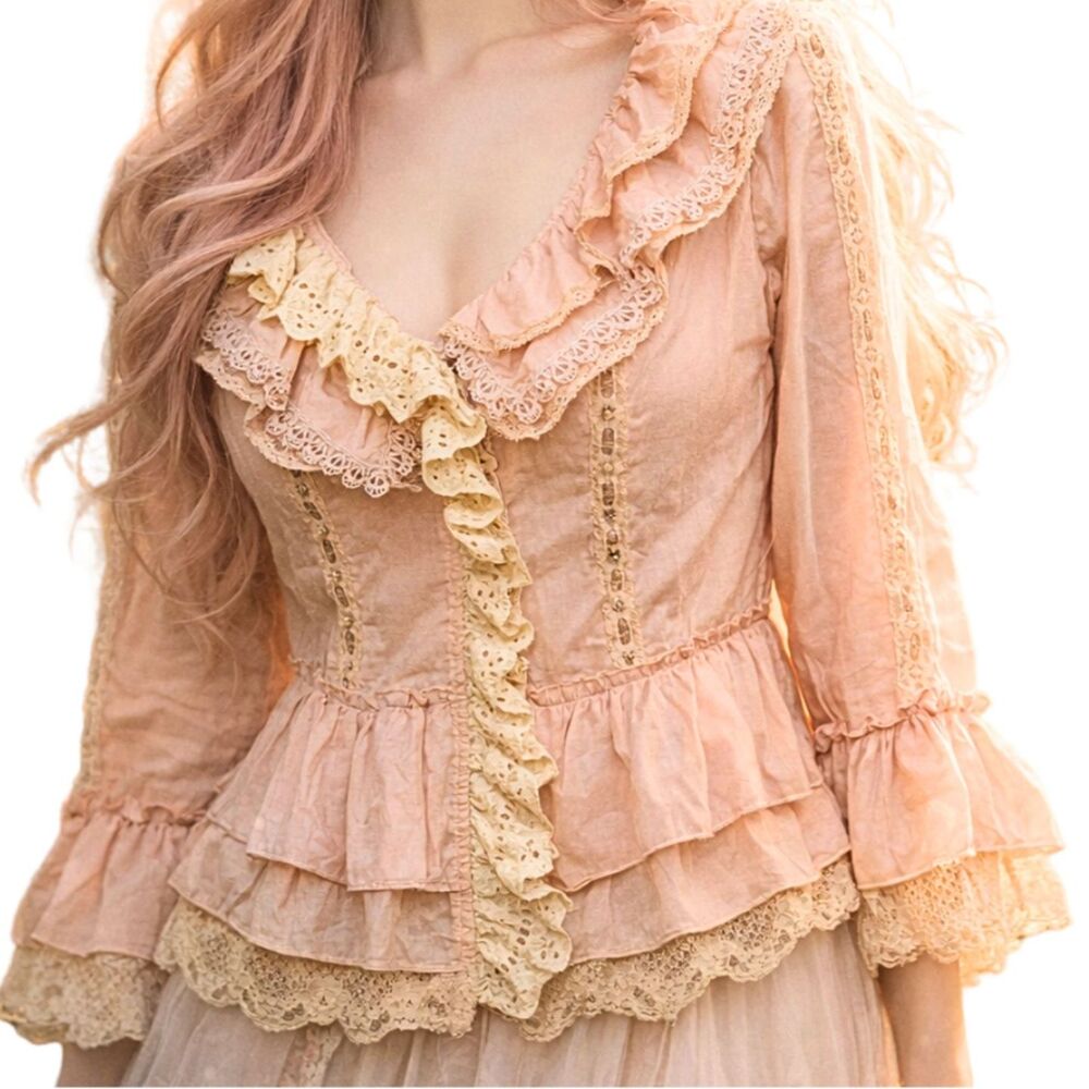 Vintage Victorian Ruffle Lace Blouse Peach Boho Prairie Top Womens S